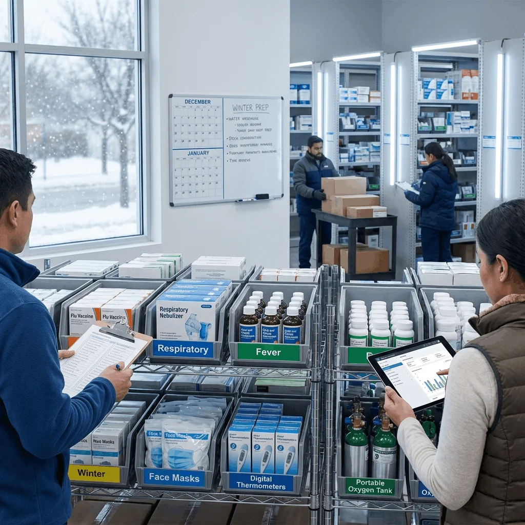 Pharmacien vérifiant les stocks de médicaments hivernaux dans une pharmacie hospitalière au Maroc